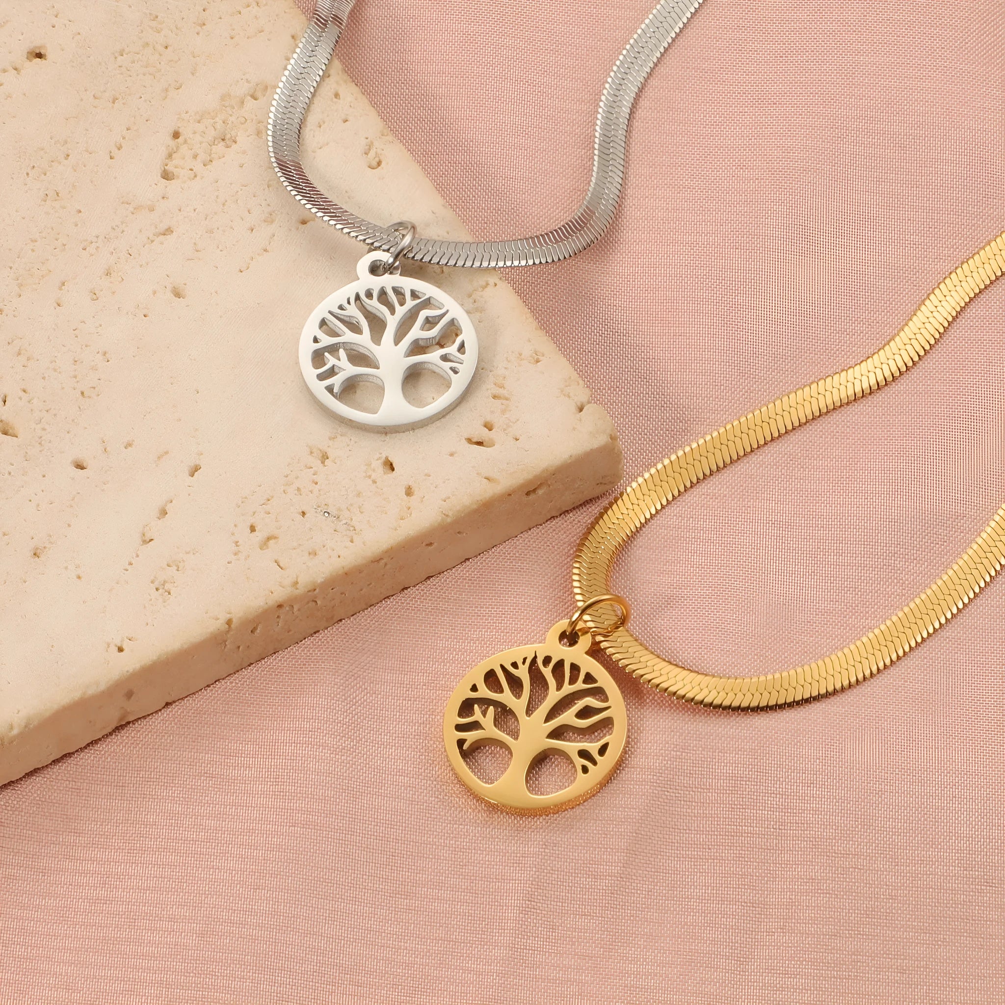 Stainless steel tree pendant necklace with snake bones chain in gold colour