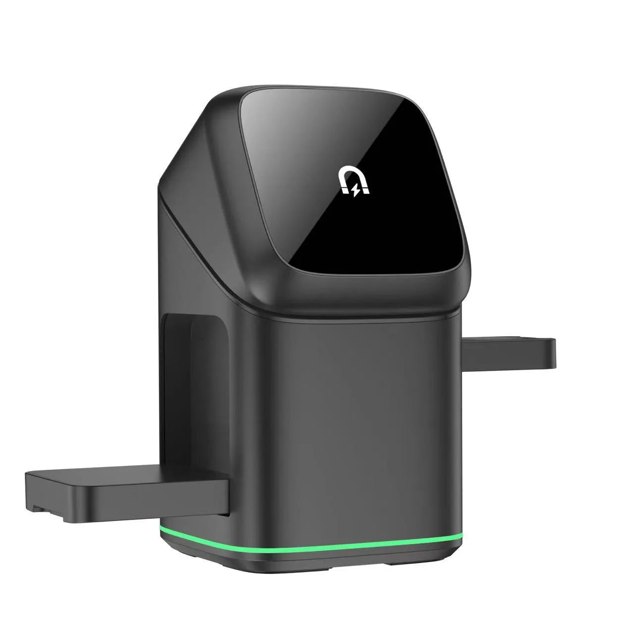Black and silver mobile phone magnetic wireless charging stand showing 180-degree rotation capability
