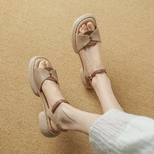 Khaki chunky heel platform open toe sandals for women made from leather