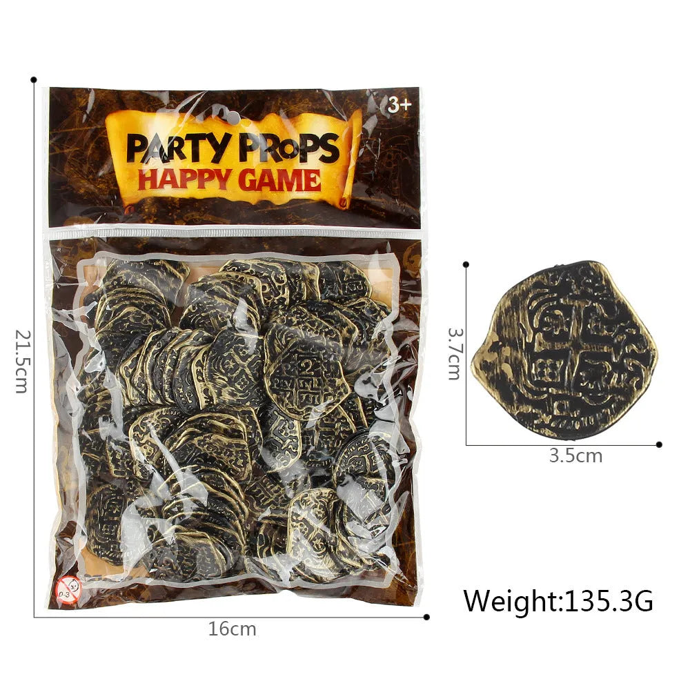 100 plastic Roman pirate coins with metallic electroplated finish in bronze, gold, and silver colour options
