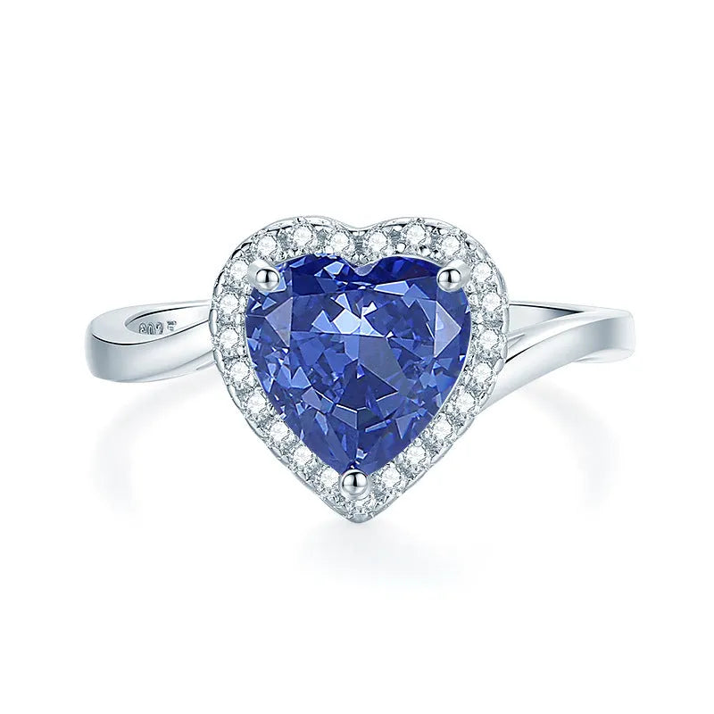 925 sterling silver ring with a heart-shaped Tanzanite colour zircon stone in an ice flower cut.