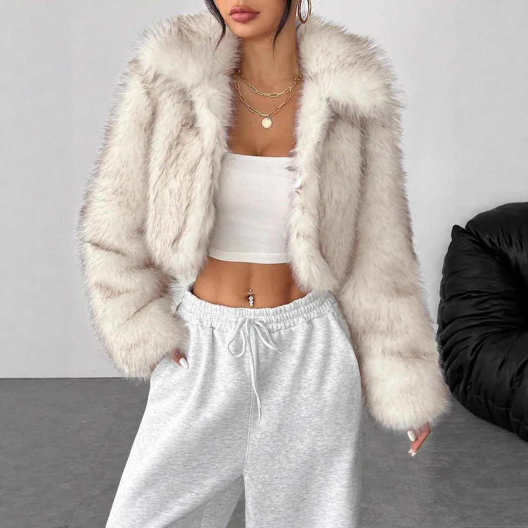 Women's artificial fox fur coat with thick collar in multiple colour options