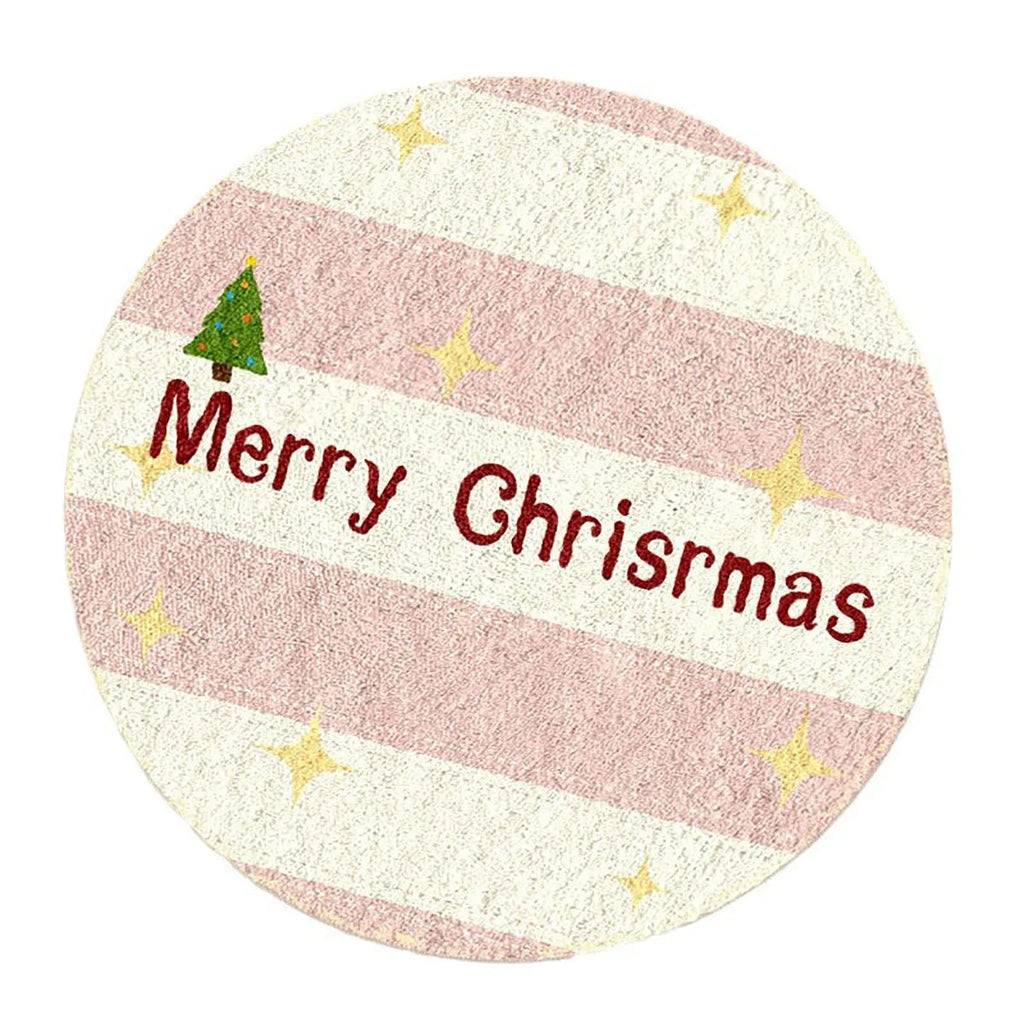 Round Christmas carpet with alien shape design in imitation cashmere material on wooden floor