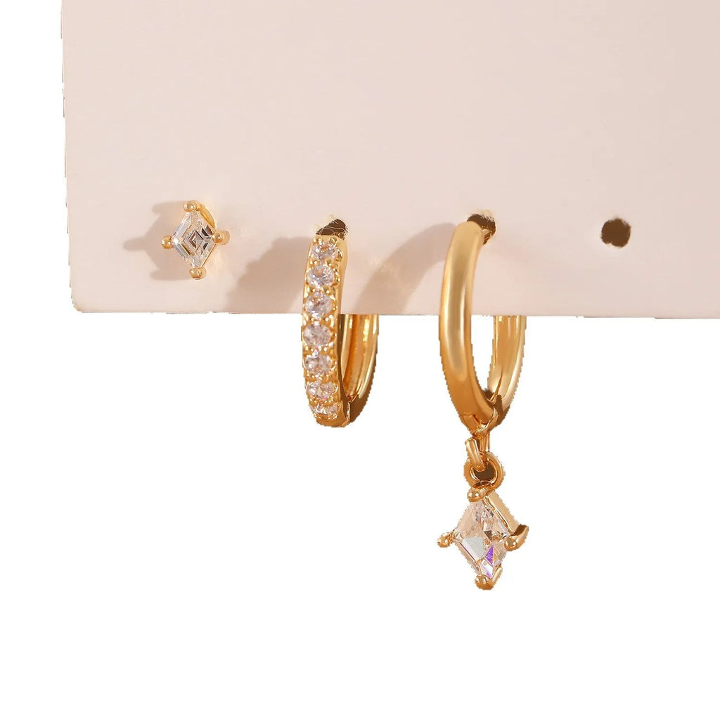 Geometric zircon earring three-piece set for women with gold and silver colour options