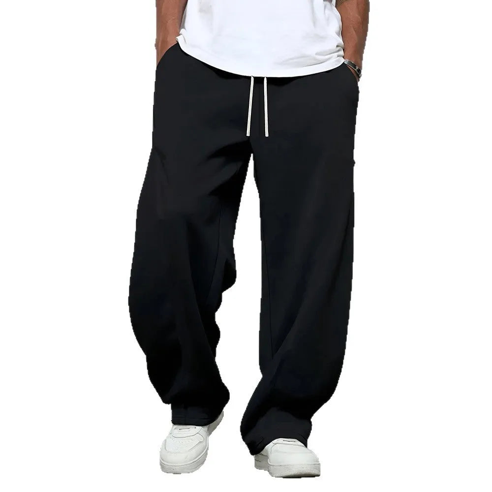 Men's straight leg casual trousers in solid colour with drawstring waist