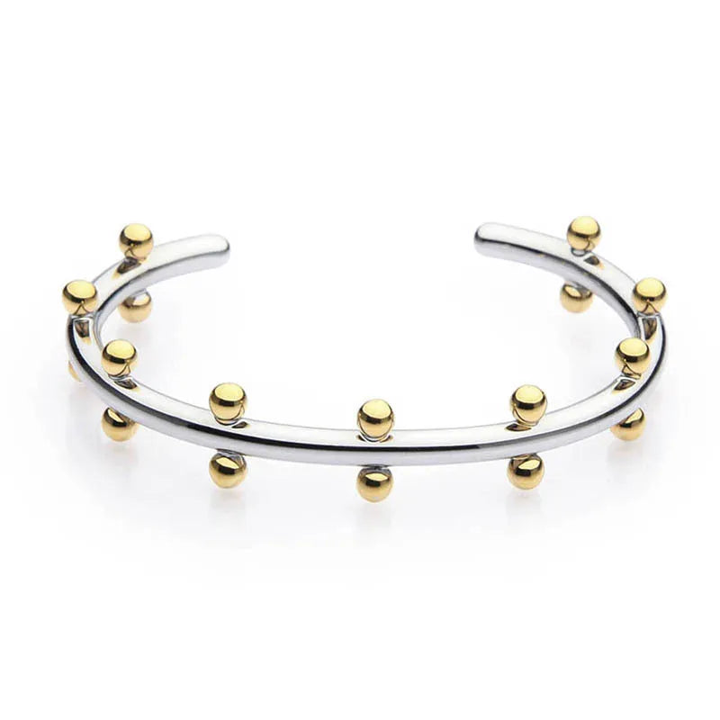 Stainless steel C-shaped bracelet with rivet-shaped bean beads and adjustable alloy chain in steel gold colour