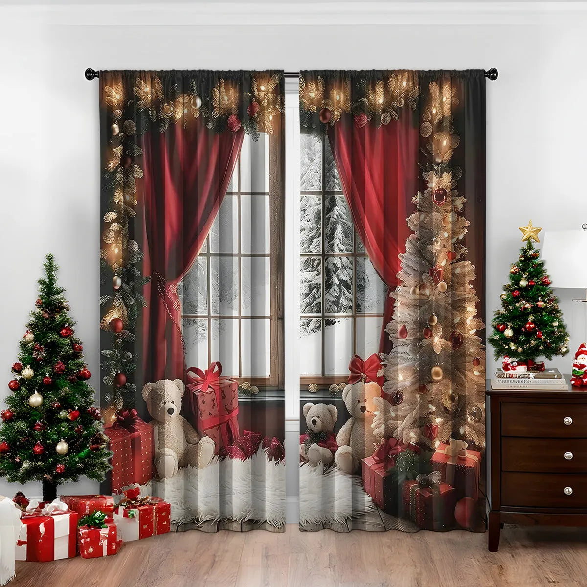 3D digitally printed Christmas curtain pair showing festive patterns on polyester fabric with sunshade properties