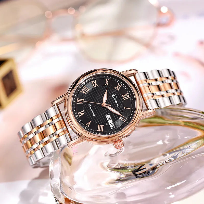 Automatic women's watch with steel bracelet and white dial, 12mm thick case