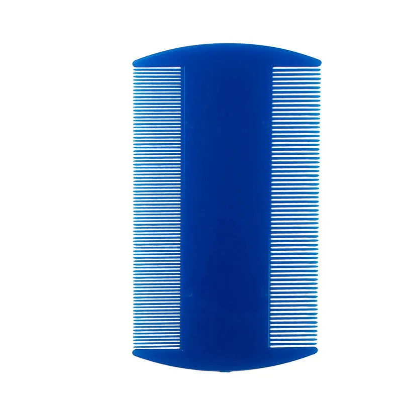Double-edged plastic flea and lice comb in assorted colours, showing fine teeth.