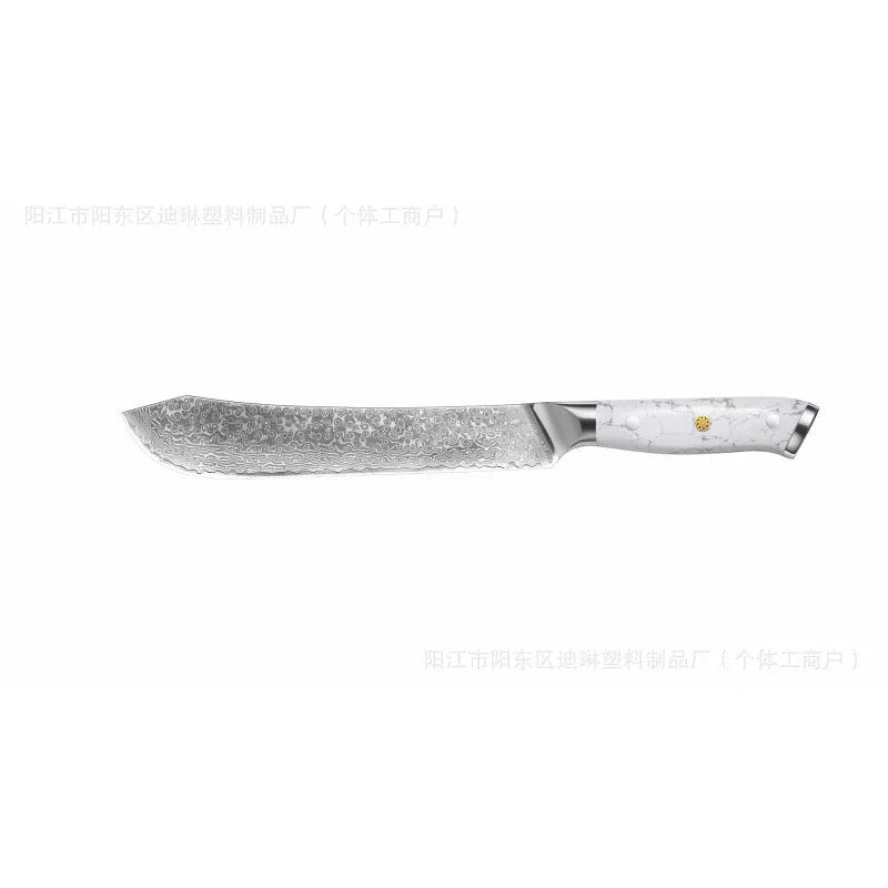 Damascus pattern chef's knife with 21cm VG10 steel blade and 11cm handle showing Japanese knife construction