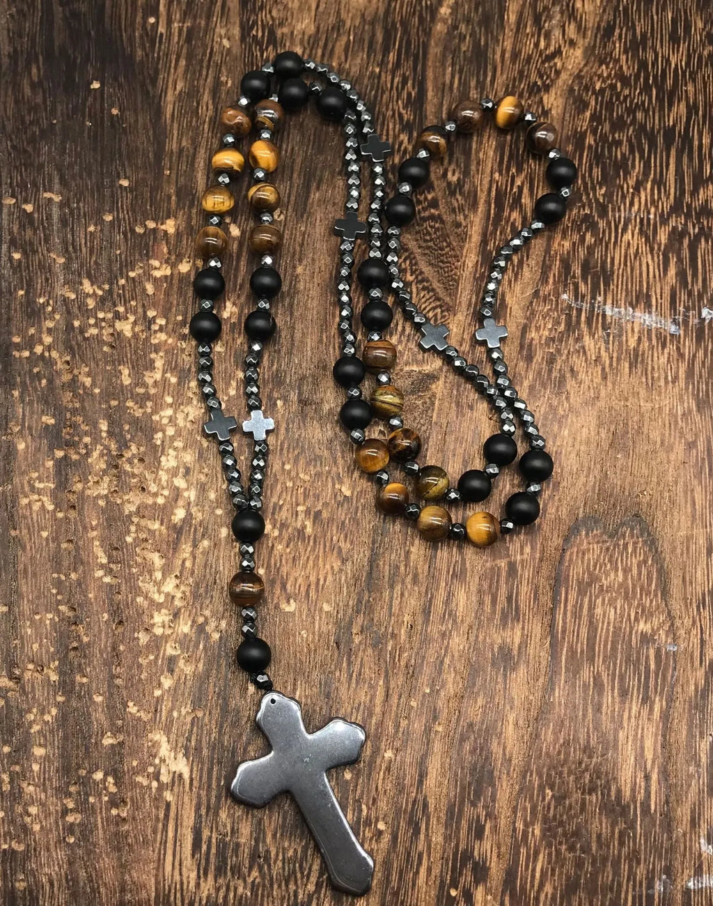 Men's stone cross pendant necklace with ball bead chain and safety lock clasp