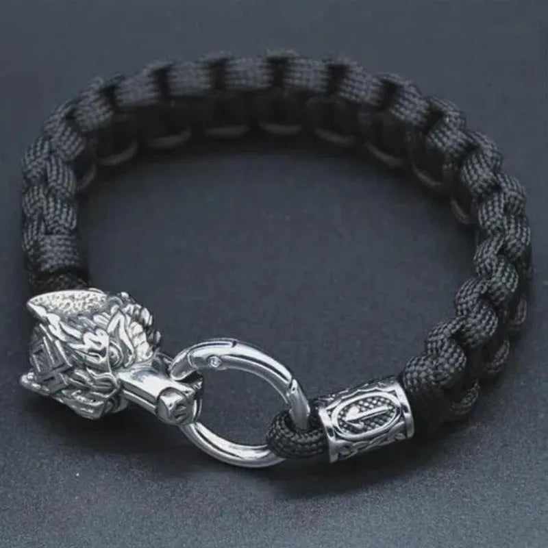 Stainless steel wolf head bracelet in camouflage colour with luen character detailing