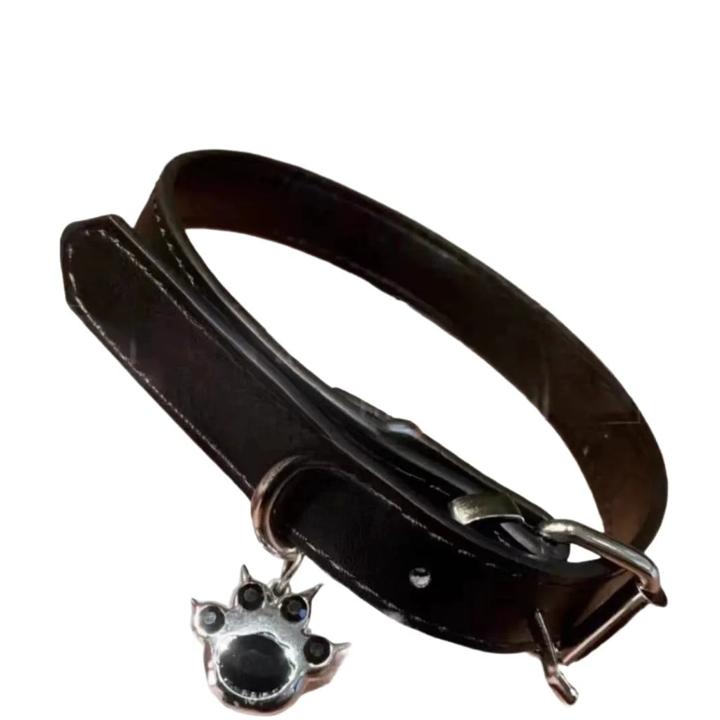 Black leather dog collar with regular chain closure, adjustable from 21cm to 50cm, available in cat paw or bone designs.