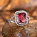 Copper square princess ring with rhinestone centre in F827 red colour, shown in geometric profile