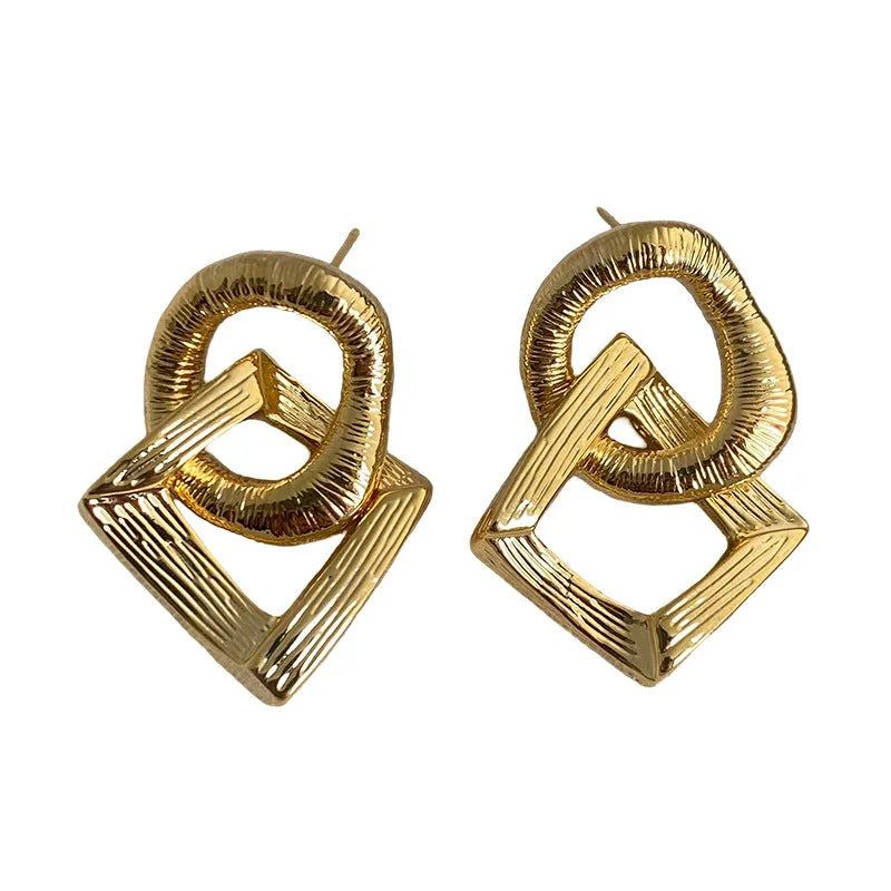 3.4cm copper circle pendant earrings with geometric design in gold or silver electroplated finish