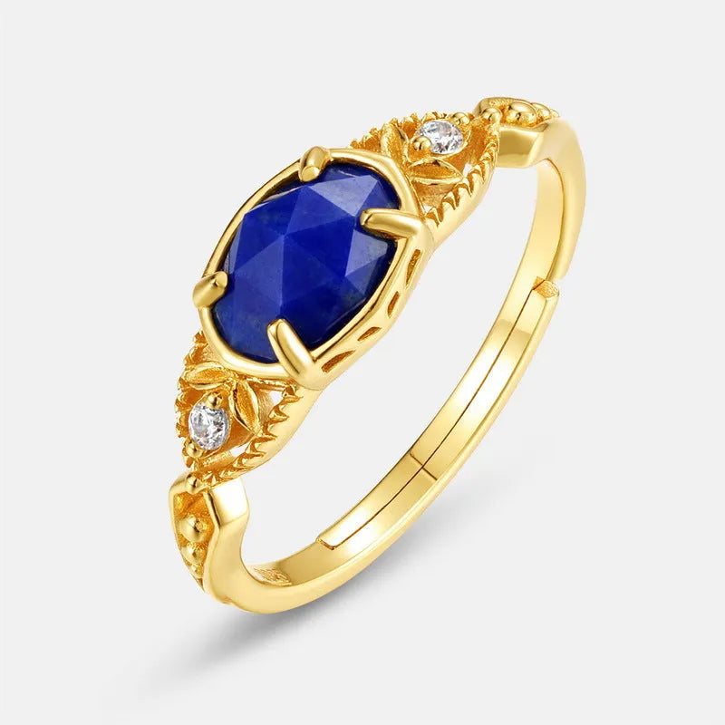 Women's Japanese minimalist lapis lazuli ring with geometric silver alloy setting and ellipse shape