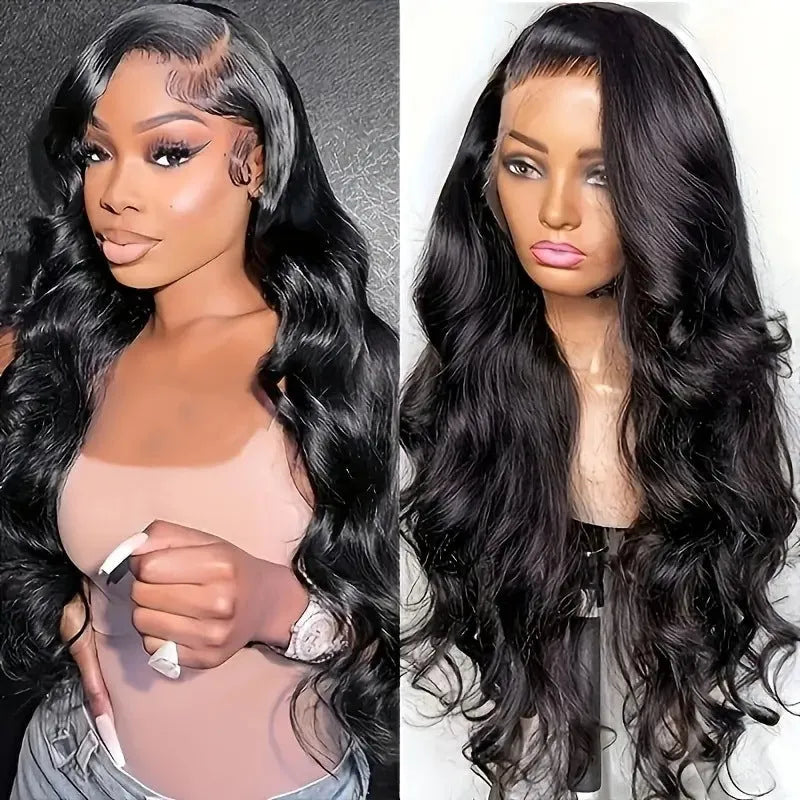 Black lace front synthetic wig with big wavy hairstyle on a model.