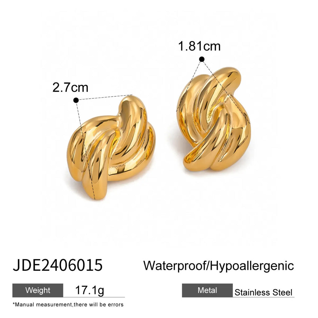 Close-up of women's stainless steel cross-knotted geometric earrings with electroplated finish, 1.5 cm diameter