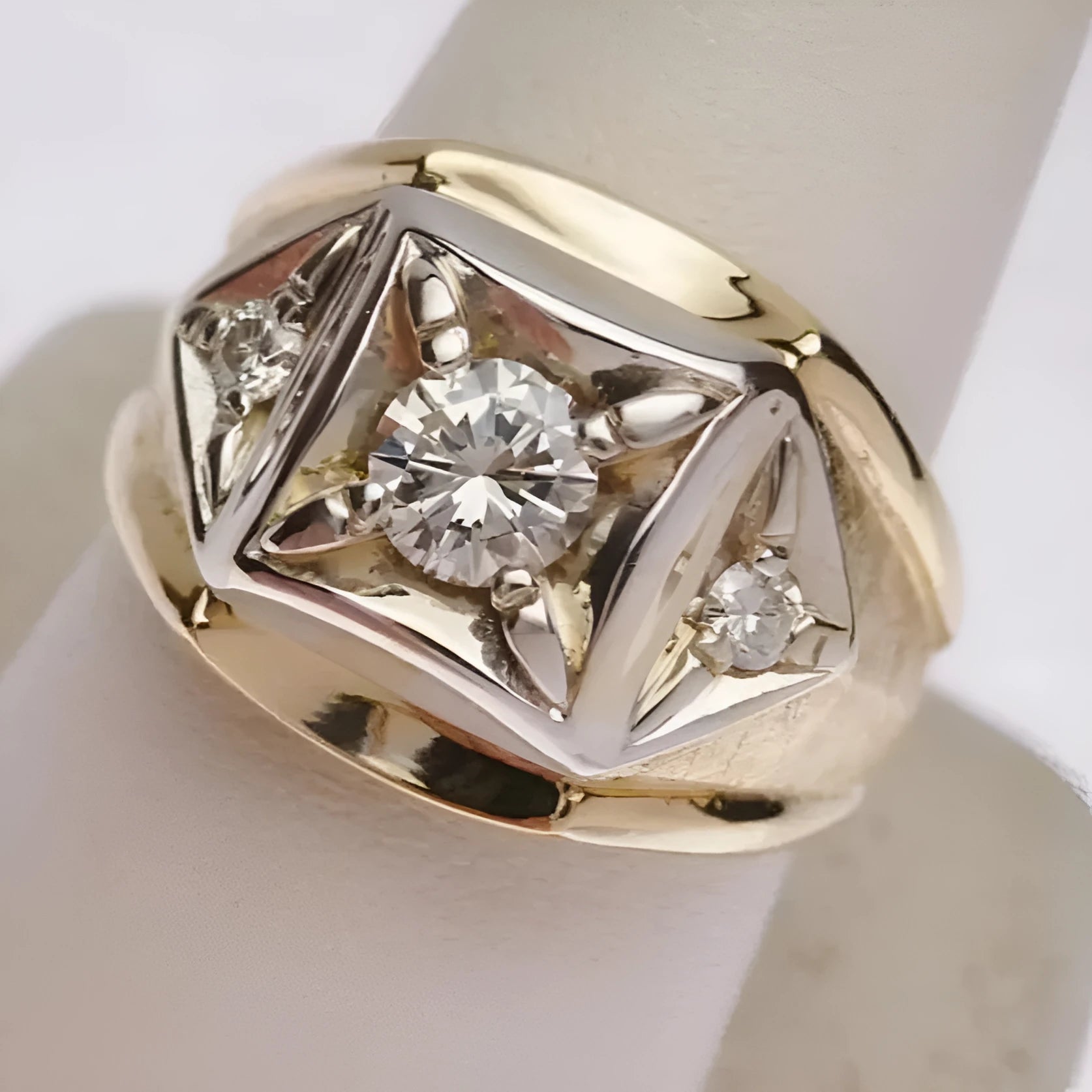 Gold colour geometric hollow couple rings with chamfering square pattern design