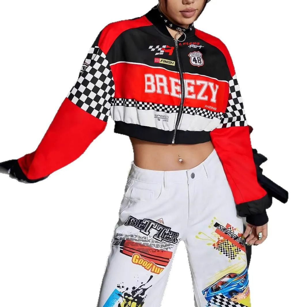 Women's loose casual jacket with geometric pattern design and zipper closure