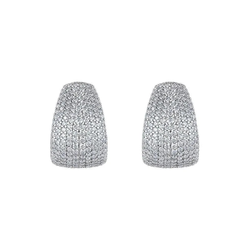 Geometric S925 sterling silver stud earrings with white moissanite stones on a gift box.