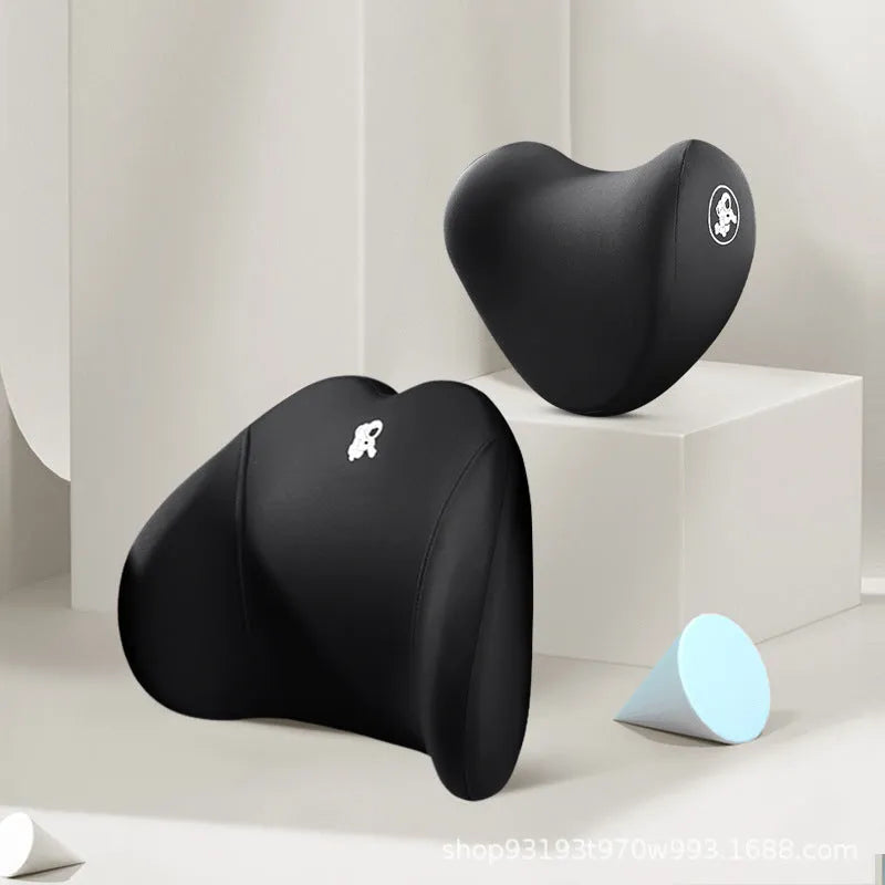 Memory foam car pillow set with heart-shaped pattern, black cotton cover, headrest and lumbar support