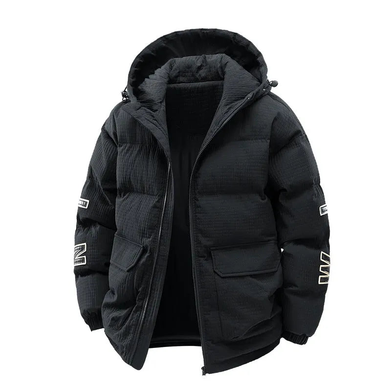 Men's black cotton-padded hooded winter coat with letter-print design and side pockets