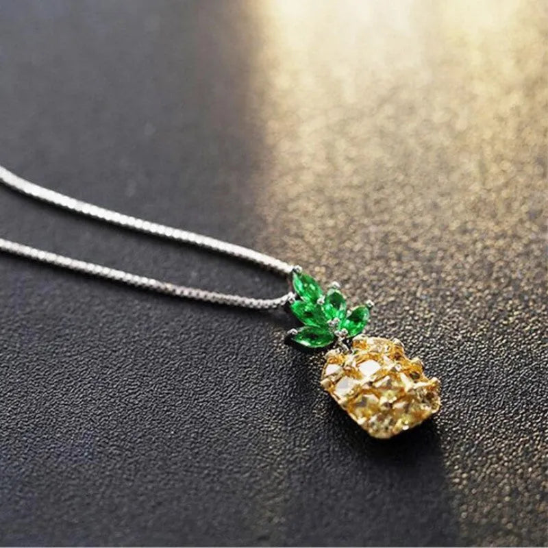 Silver Korean fashion necklace with pineapple and diamond pendant charms and geometric design