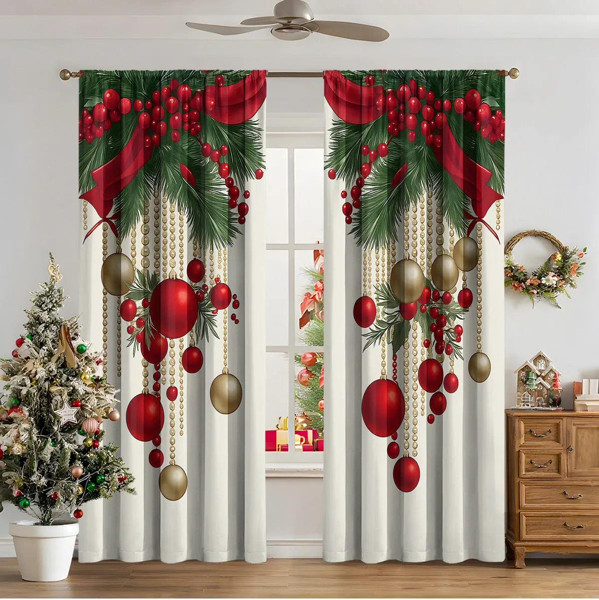 3D digitally printed Christmas curtain panel in a modern style, made from polyester fabric.