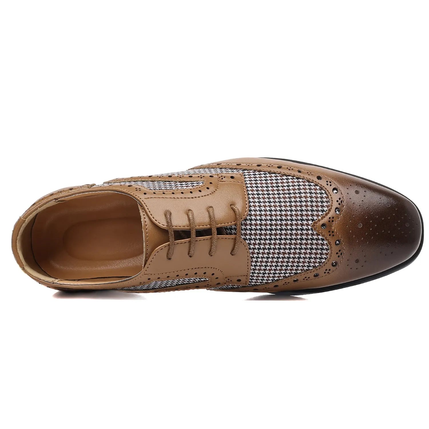 Men's casual leather shoes with imitation houndstooth plaid pattern, square toe, and front lace-up design