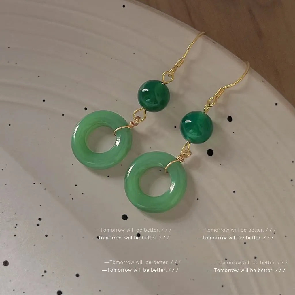Green geometric peace buckle earrings for Hanfu traditional Chinese costume accessories