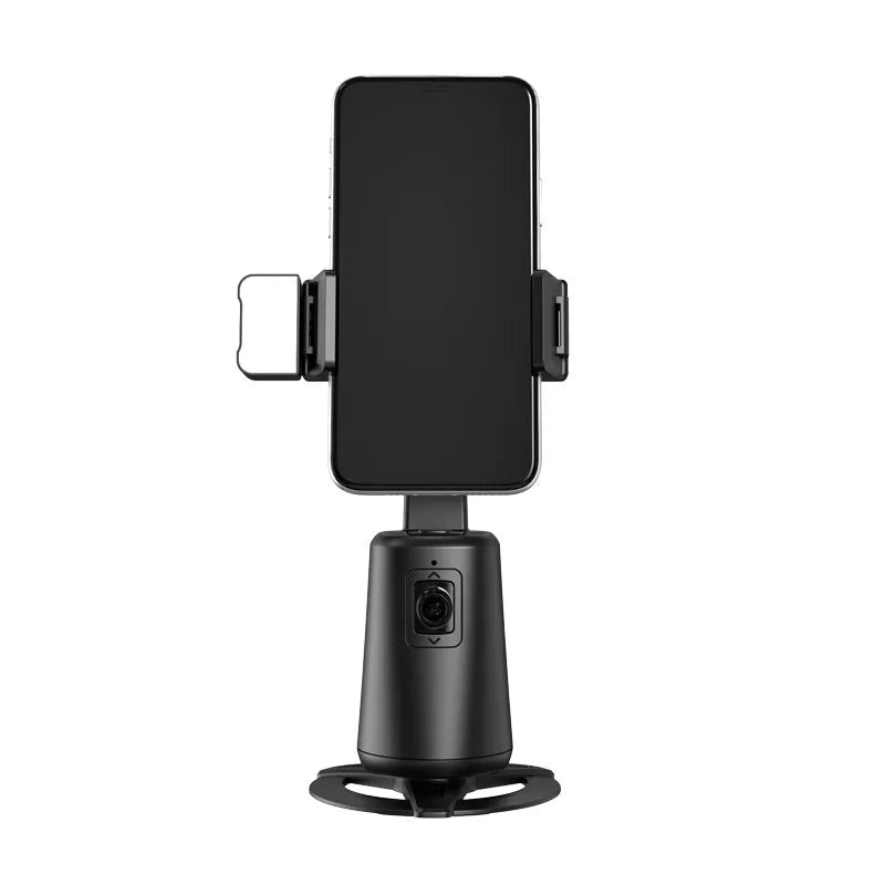 Black intelligent face tracking desktop camera bracket with rotating head and remote-controlled ribbon lights