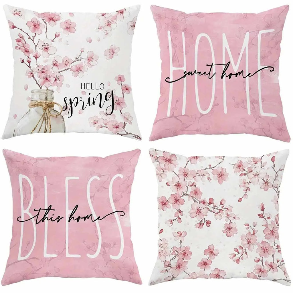 Square short velvet cushion cover with cherry blossom and letter print, 45cm, shown in one of four available colours.