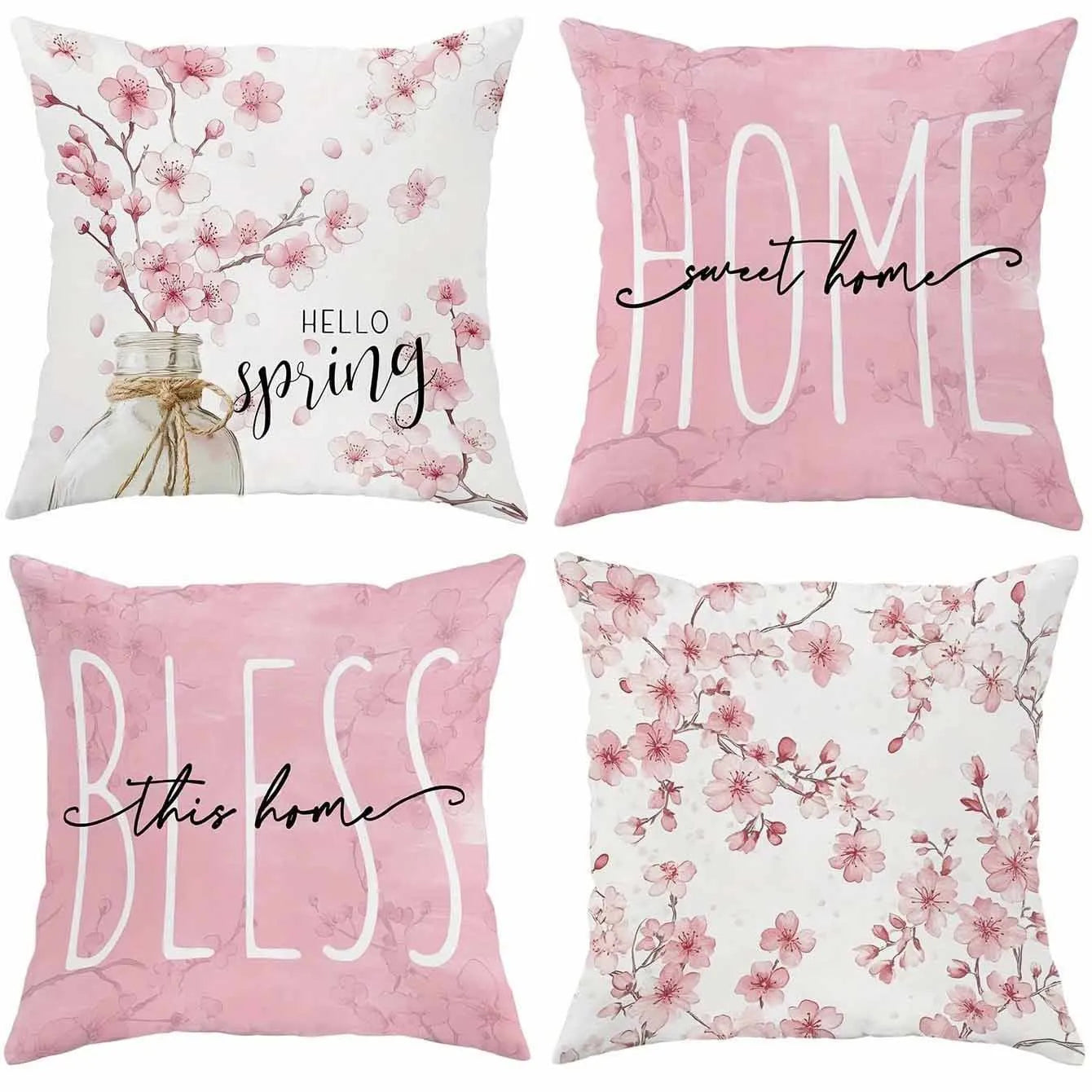 Square short velvet cushion cover with cherry blossom and letter print, 45cm, shown in one of four available colours.