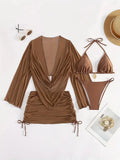 Women's dark brown backless bikini suit with lace-up detail and sleeveless design