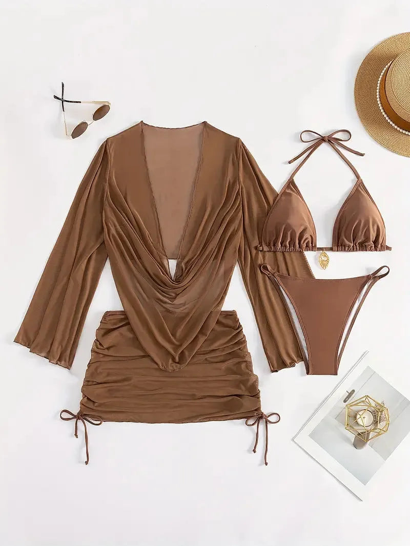 Women's dark brown backless bikini suit with lace-up detail and sleeveless design