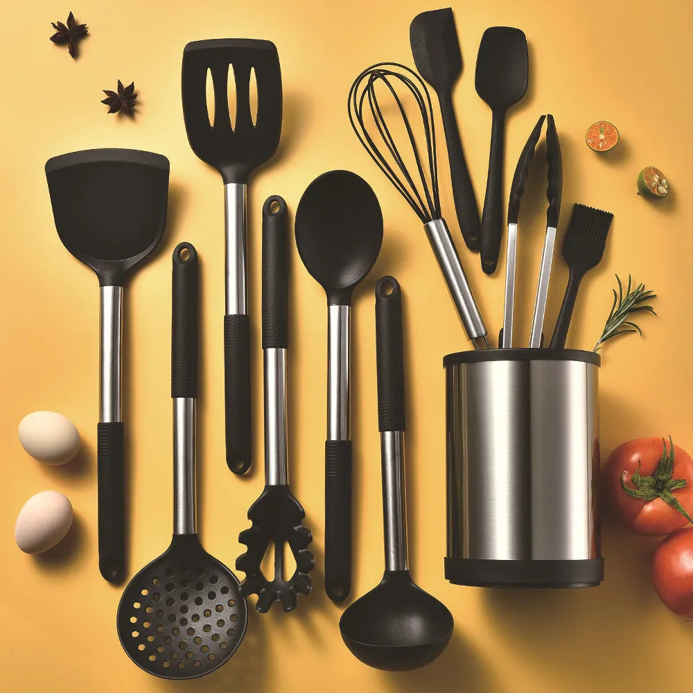12-piece silicone kitchenware set with rotating storage bucket showing utensils in black, dark grey or khaki colours