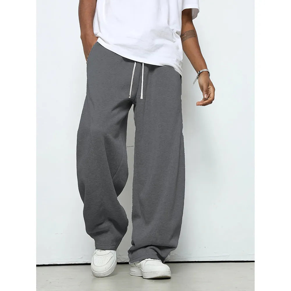 Men's straight leg casual trousers in solid colour with drawstring waist