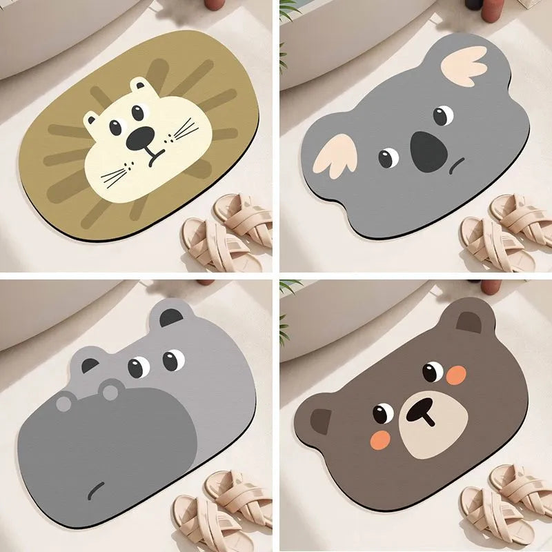 Diatomite bathroom absorbent mat in a cartoon animal design on a bathroom floor.