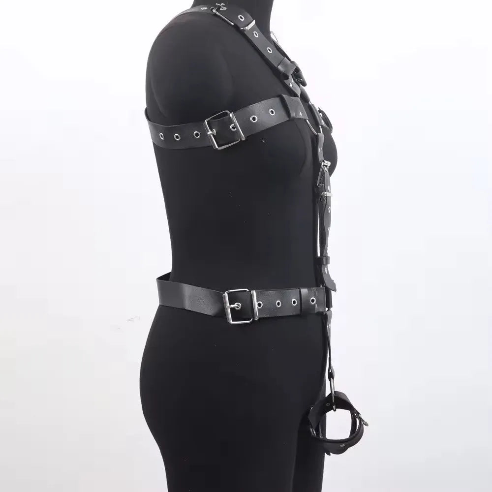 Black imitation leather waist trainer belt with pin buckle closure on mannequin