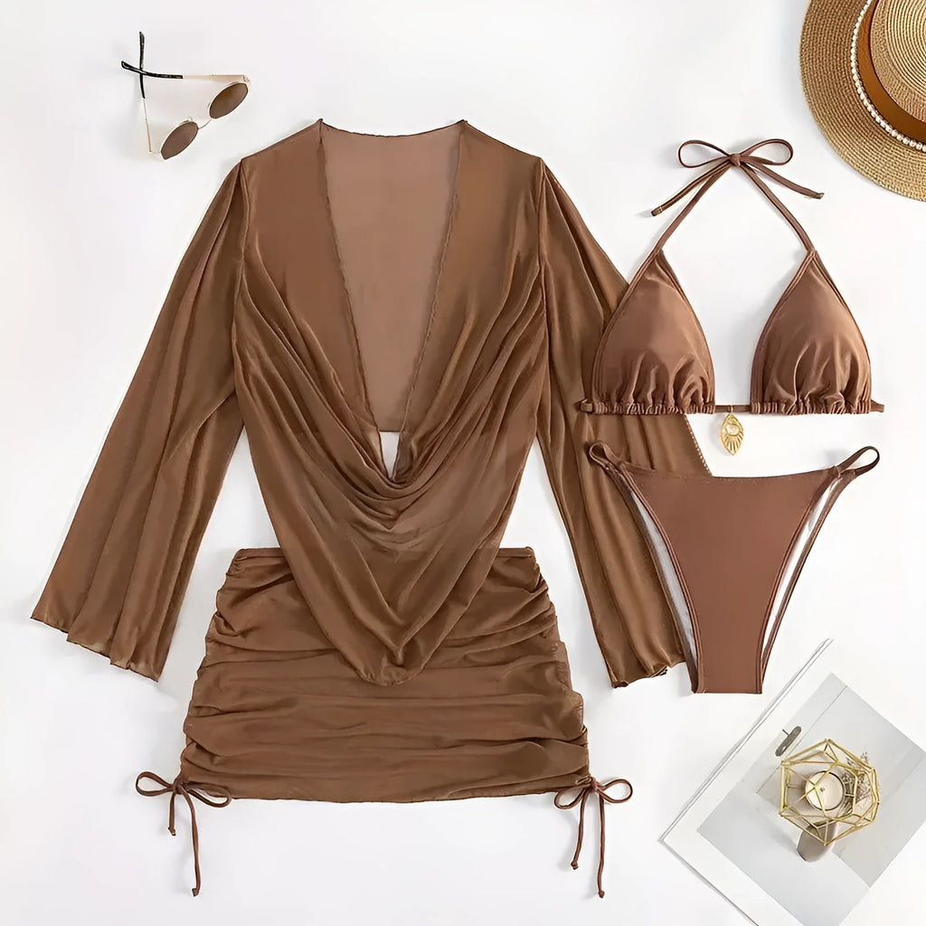 Women's dark brown backless bikini suit with lace-up detail and sleeveless design