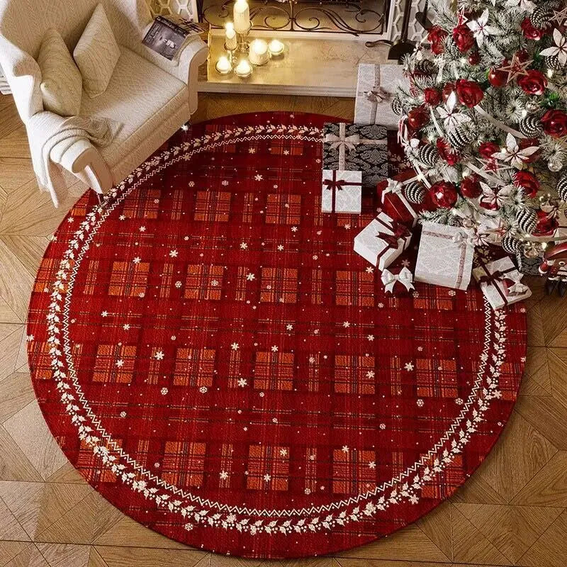 Round red Christmas floor mat with velvet texture in living room setting