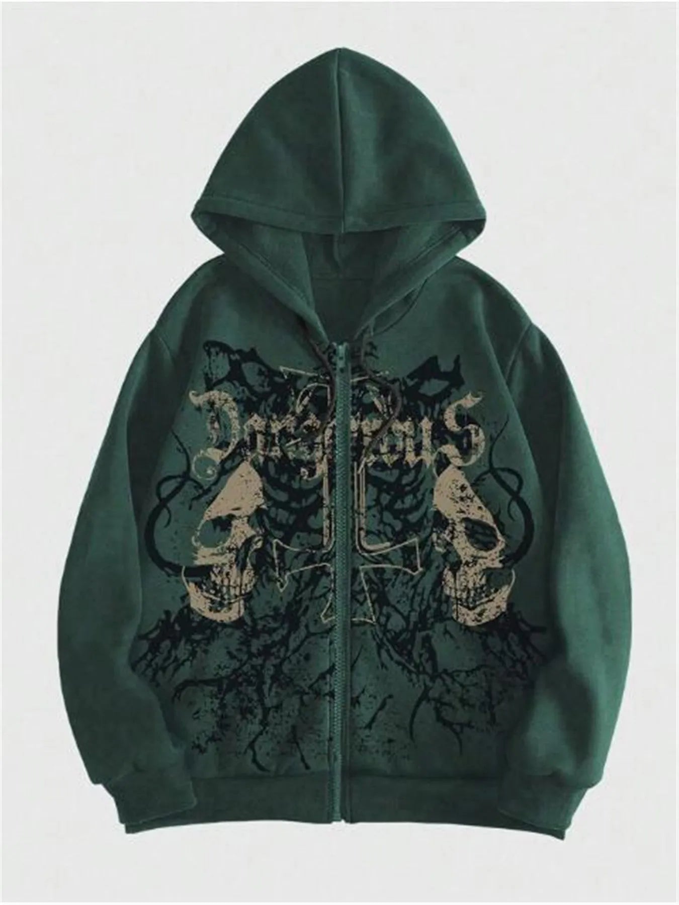 Black men's hooded sweatshirt with a detailed skull pattern print on the front, featuring long sleeves.