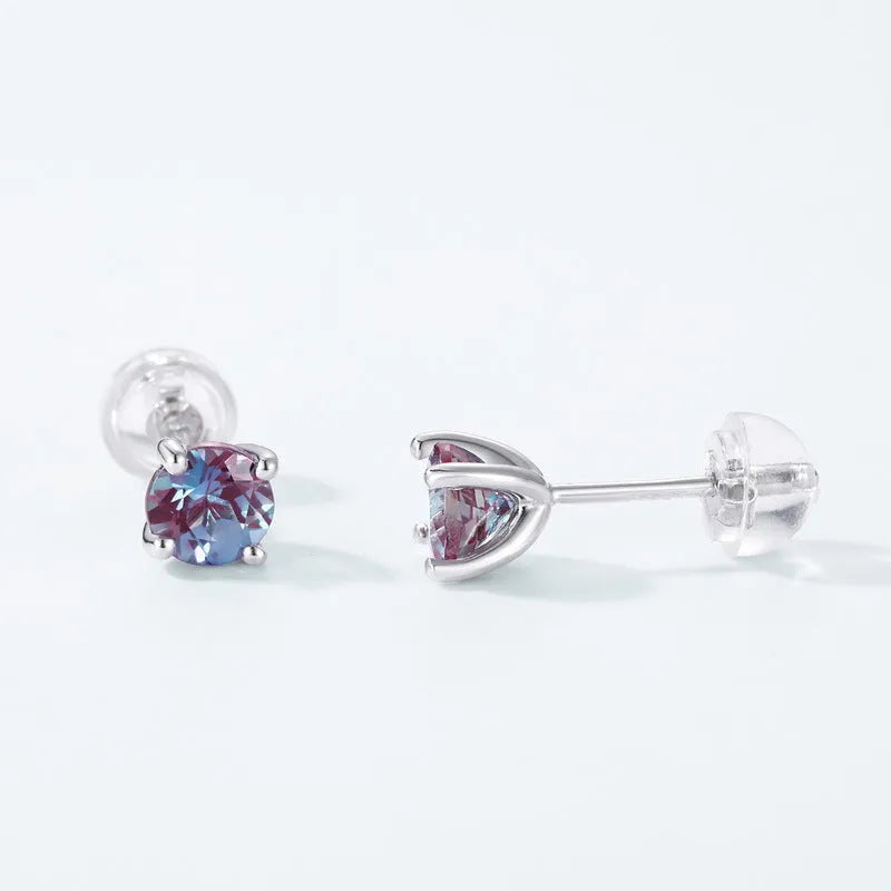 Women's sterling silver ear studs with cultivated Alexandrite stone in geometric round design