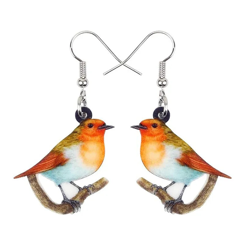 Acrylic blue titmouse pendant earrings with geometric animal and snake zodiac design in colourful printing