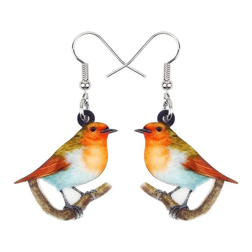 Acrylic blue titmouse pendant earrings with geometric animal and snake zodiac design in colourful printing
