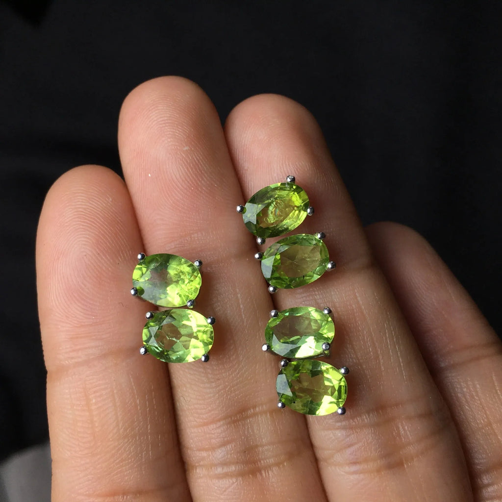 Natural grass green olivine stud earrings with geometric S925 silver setting and 6×8mm faceted stone