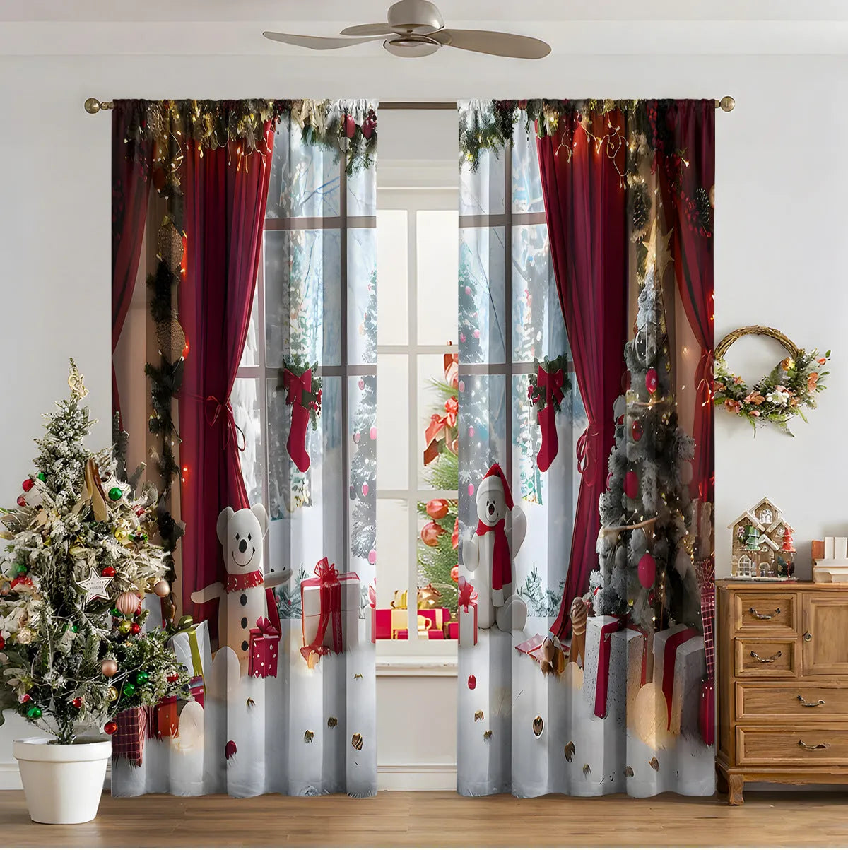 3D digitally printed Christmas curtain panel in a modern style, made from polyester fabric.