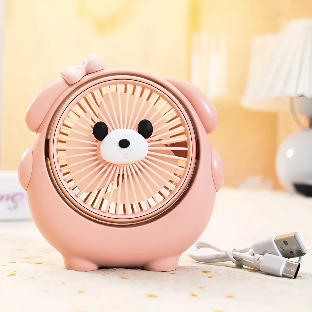 Desktop USB electric fan with cute dog design showing six colour options including bear brown and pink puppy variations