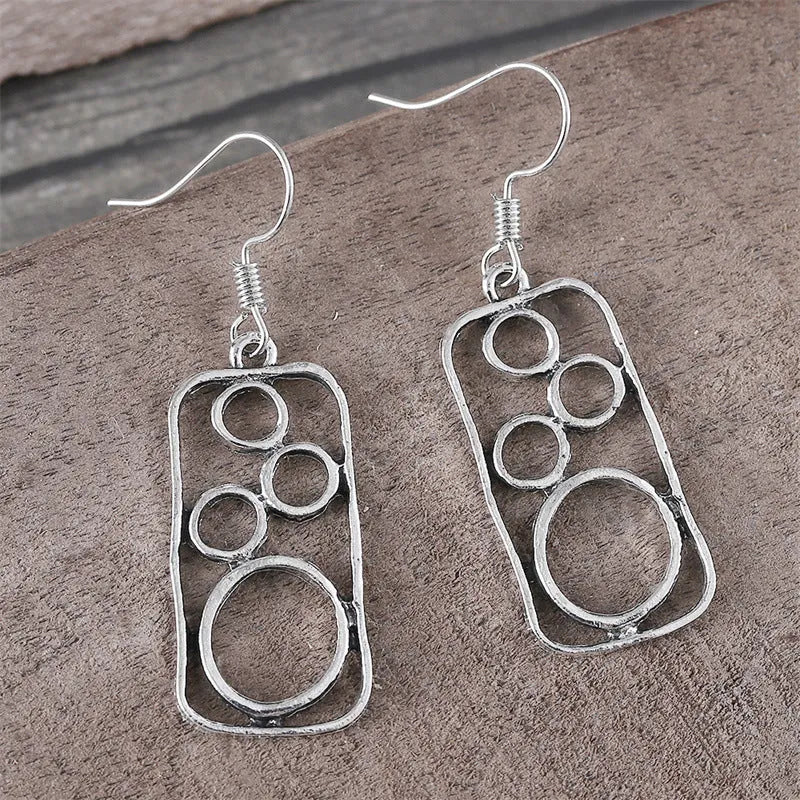 Round zinc alloy earrings with geometric square design in antique silver finish